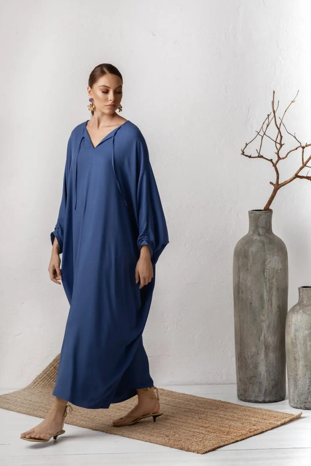 Blue kaftan house of azoiia dress for occasions, wedding guest minimal outfit, modest dress.