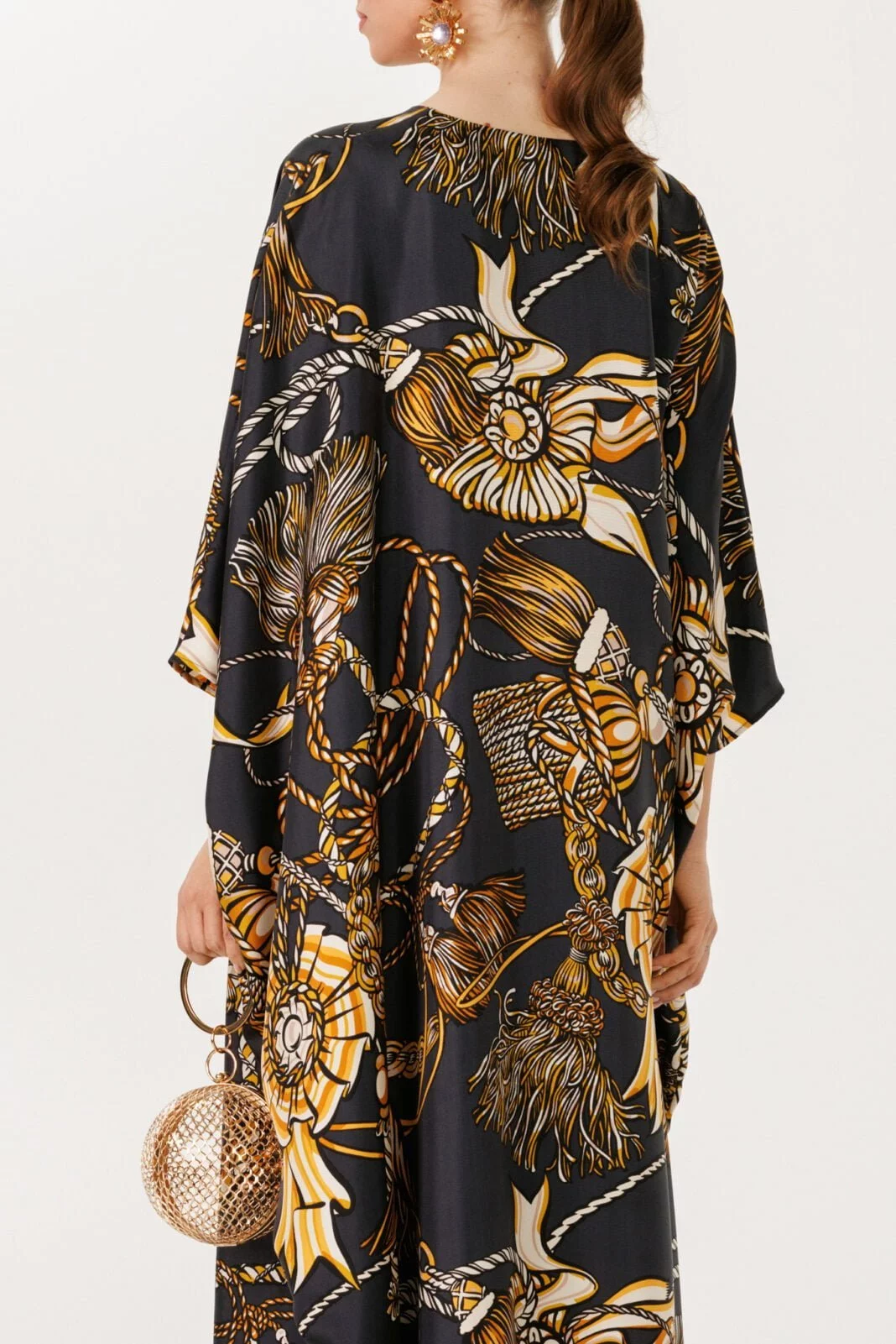 Luxury evening wear long black and gold caftan dress for wedding guests, parties or summer vacation by house of azoiia