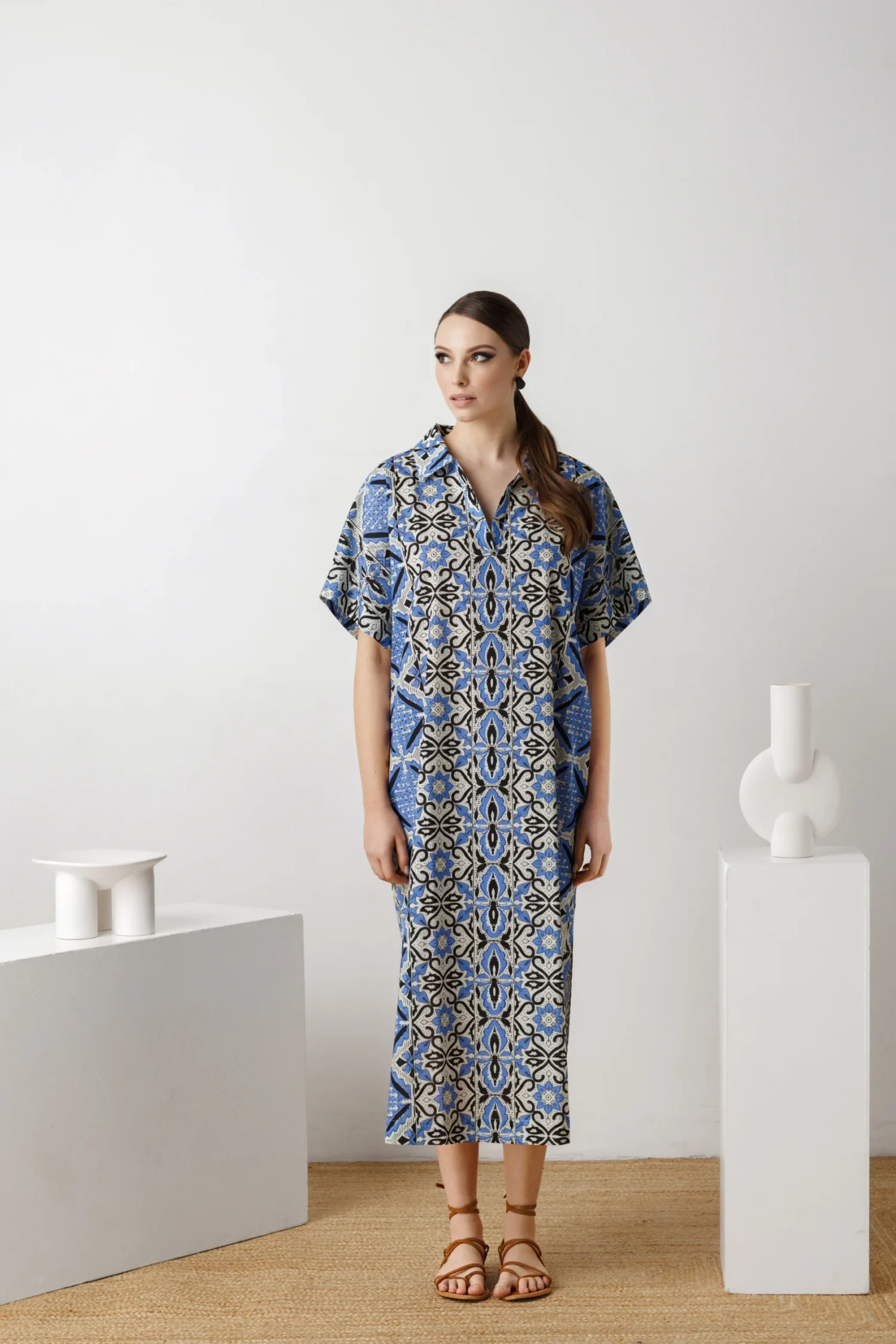 Oversize Cotton Kaftan Dress In Mattonella Print - HAZEL by House Of Azoiia