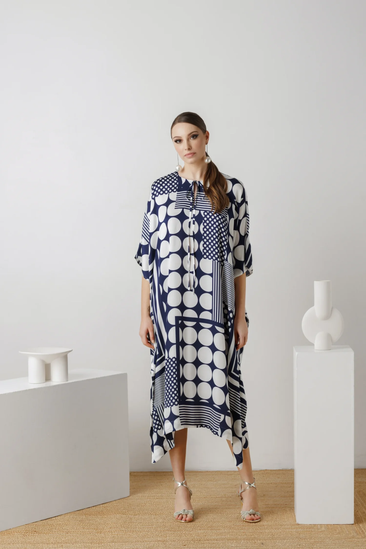 White & Navy Silk Blend Kaftan Dress Luxury For Women Plus Size - Farida by House Of Azoiia