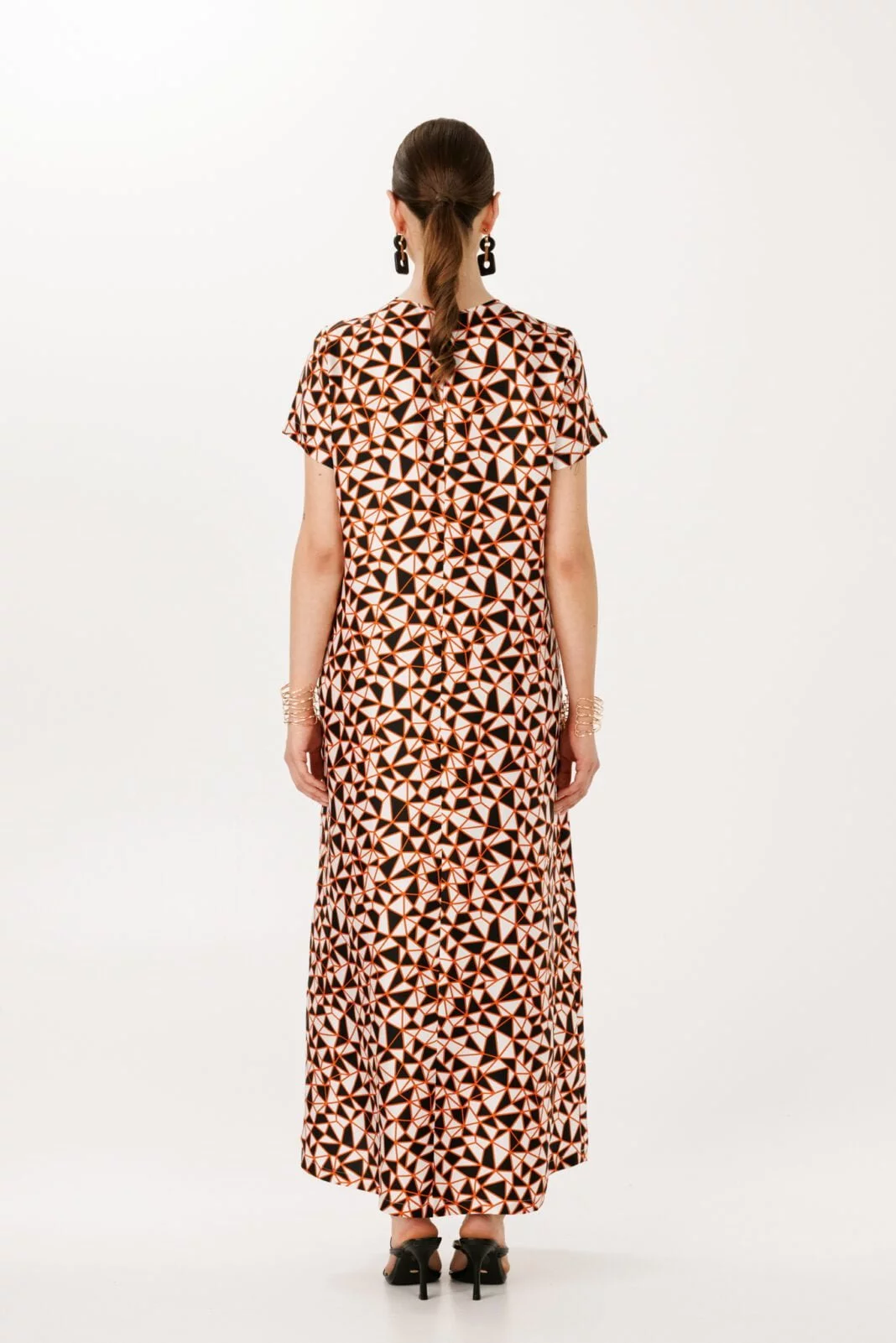 Warm Earthy Tones Maxi Dress - Geometric Print, Short Sleeves for Luxurious Beach Parties and Wedding Guests