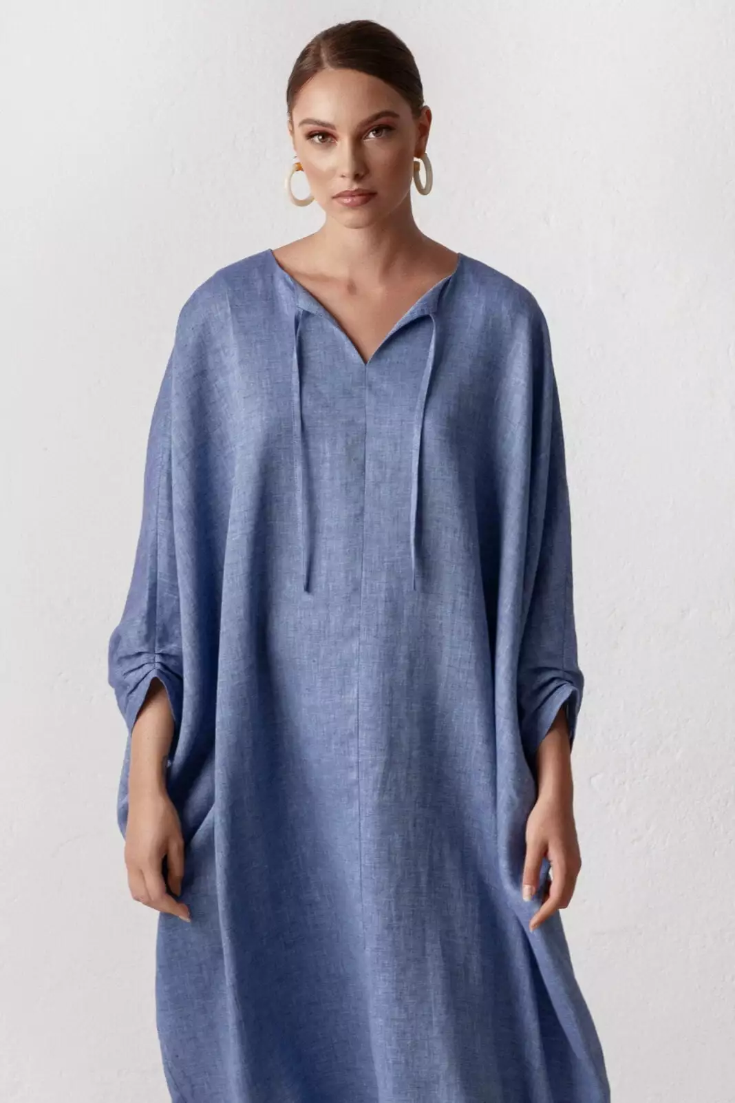 Elegant Blue Linen Kaftan Maxi Dress - Stylish Summer Attire