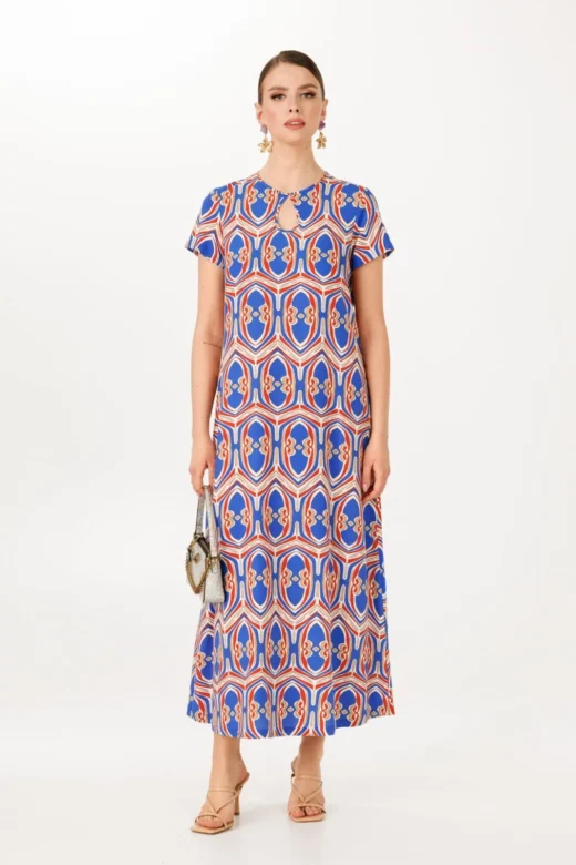 Moroccan Print Maxi Length Kaftan Dress - Ideal for Vacation and Evening Parties