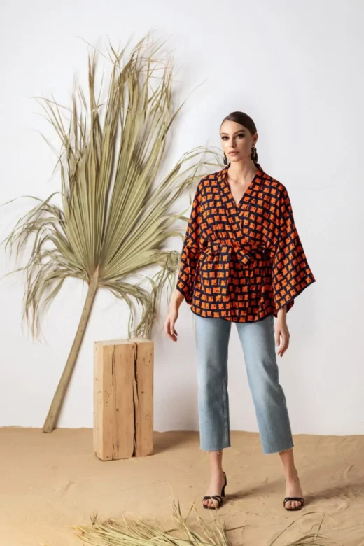 Orange and Black Geometric Kimono Top - Contemporary Women's Fashion