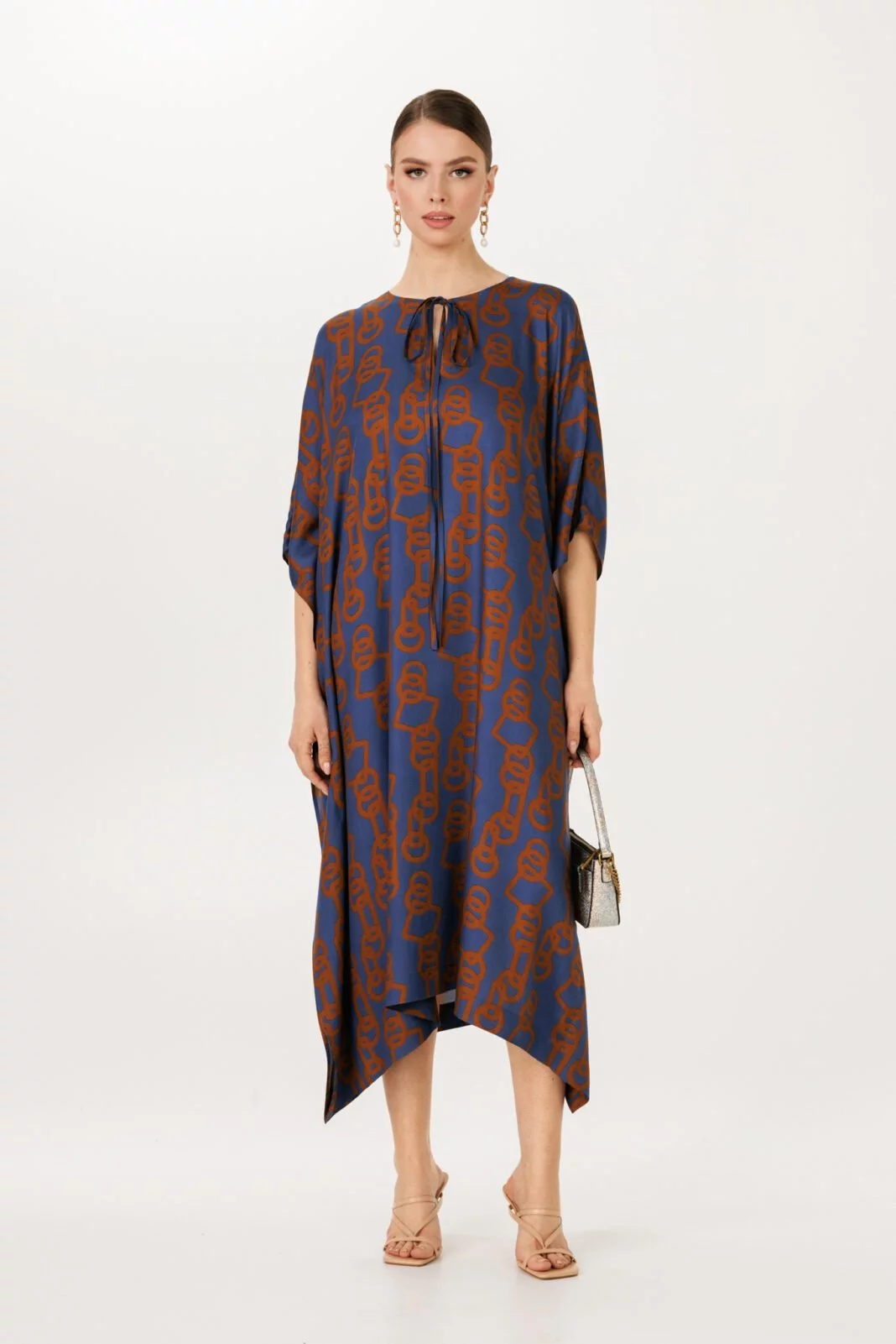 Brown and navy calf length kaftan dress by House of Azoiia