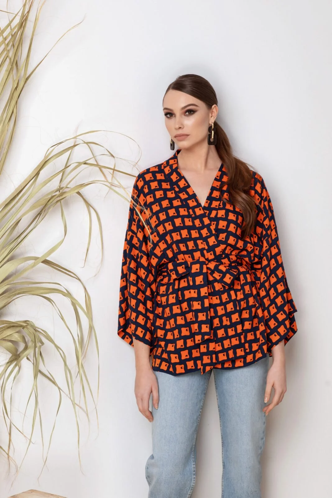 Geometric Print Kimono Top in Orange and Black - Stylish Statement Piece