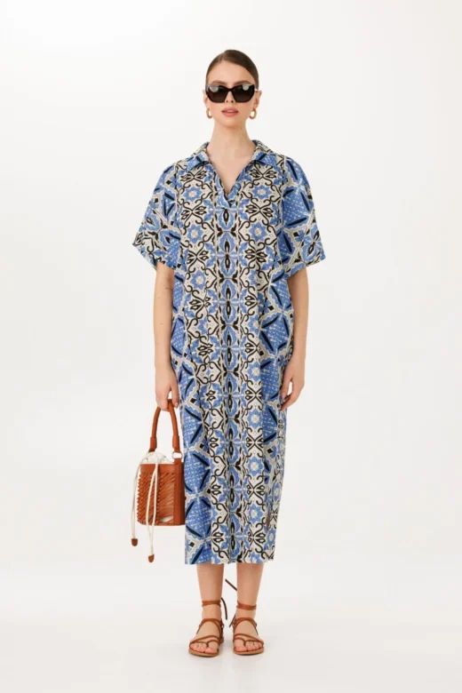 Cotton Mediterranean-Inspired Blue Long Kaftan Dress - Stylish Shirt Collar Design