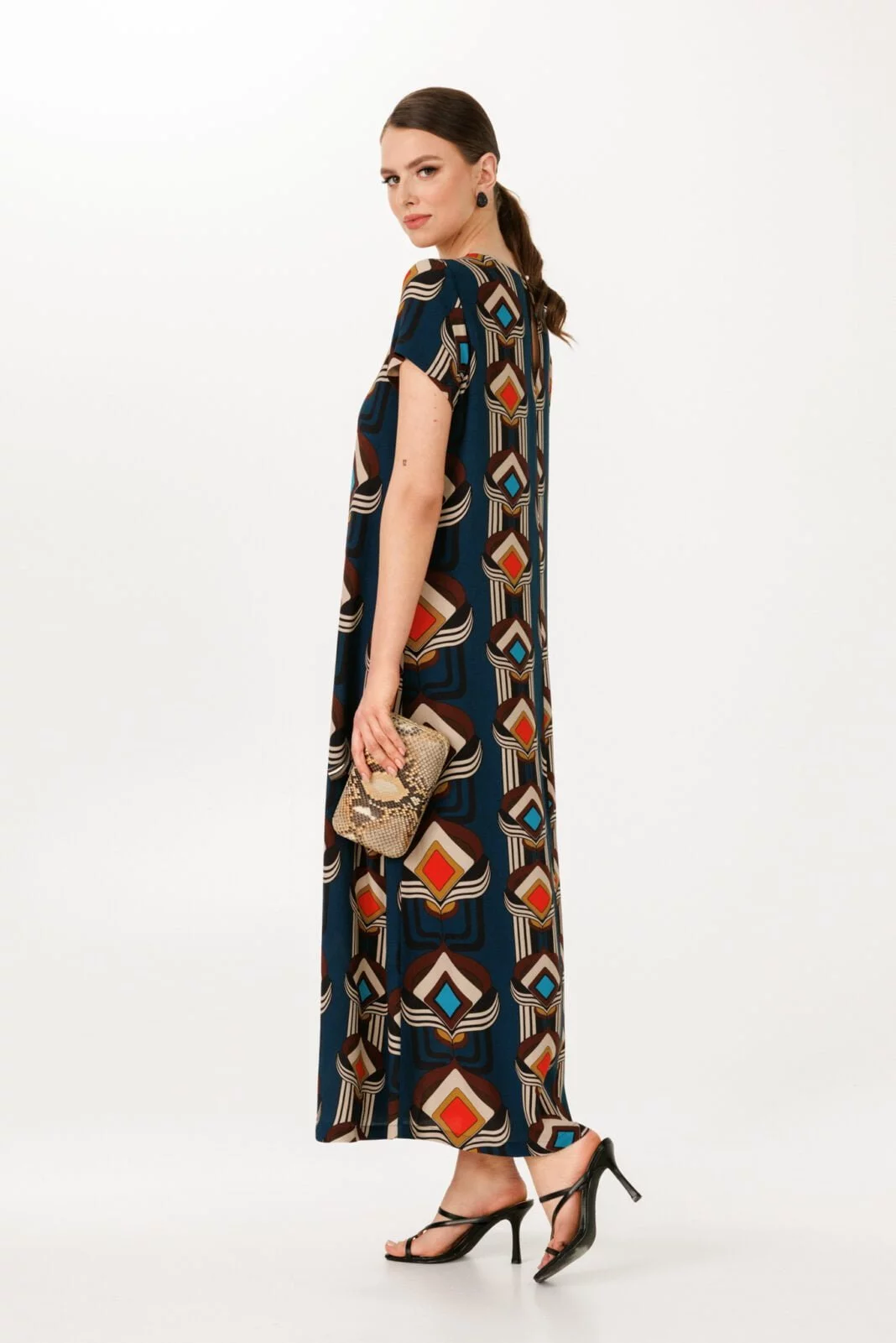 Summer Vacation Luxury Parties Middle East Inspired Europe Made Maxi Kaftan Dress - Navy Aztec Print Elegance