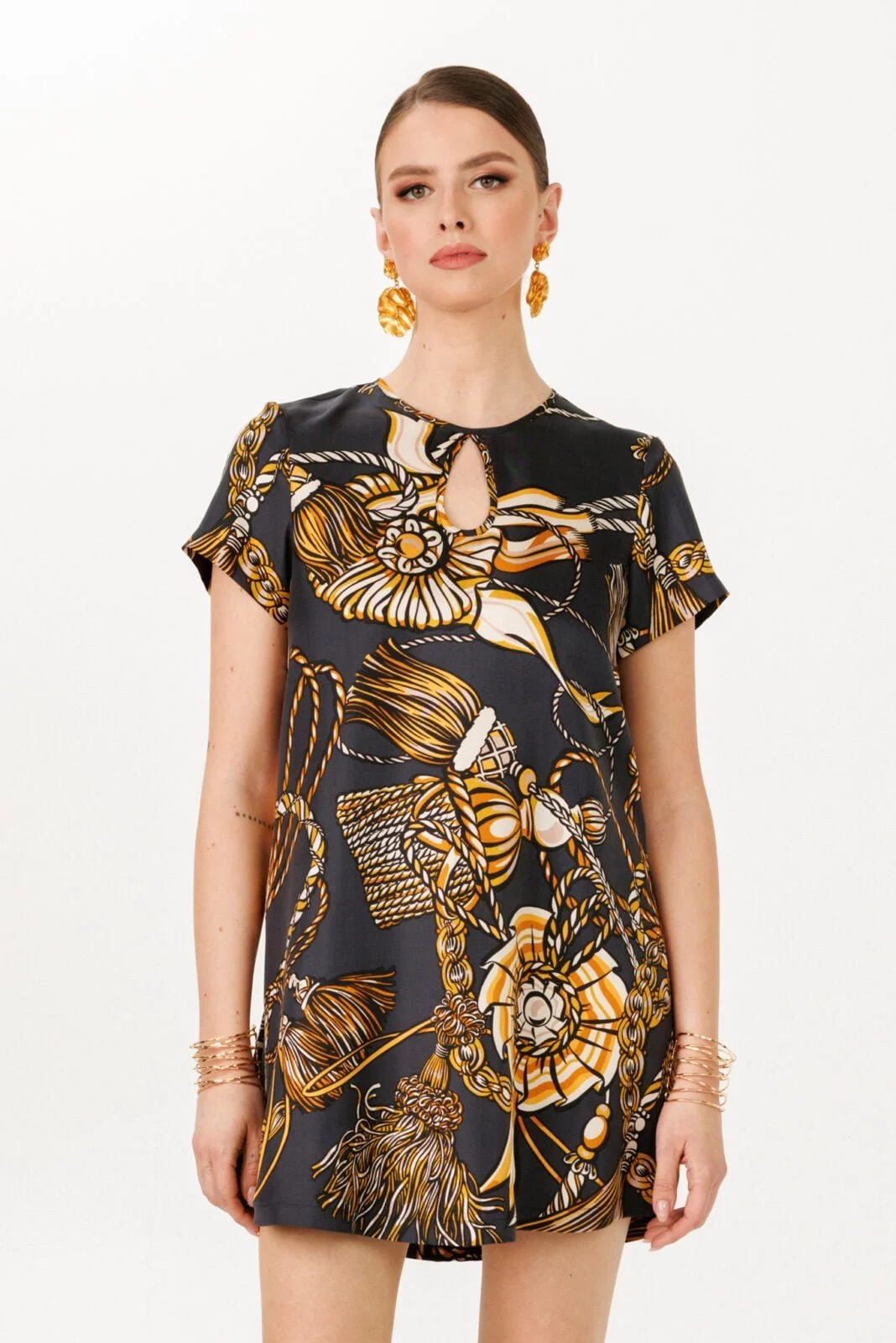 Black Gold Print Satin Mini Dress - Luxury Flowy, Occasion Wear