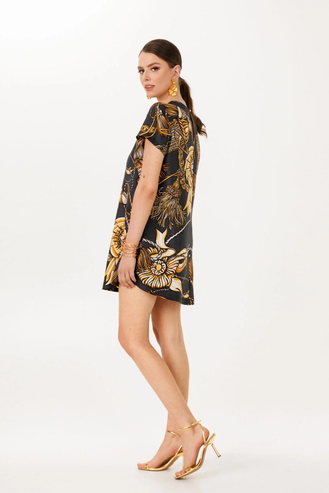 Luxurious Flowy Satin Mini Dress - Black Gold Print, Occasion Wear