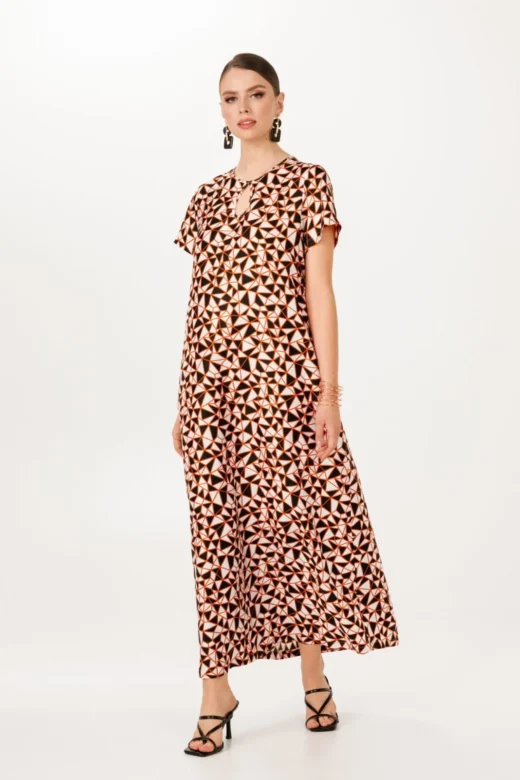 Maxi Dress in Warm Earthy Tones - Geometric Print, Short Sleeves for Luxurious Beach Parties and Wedding Guests
