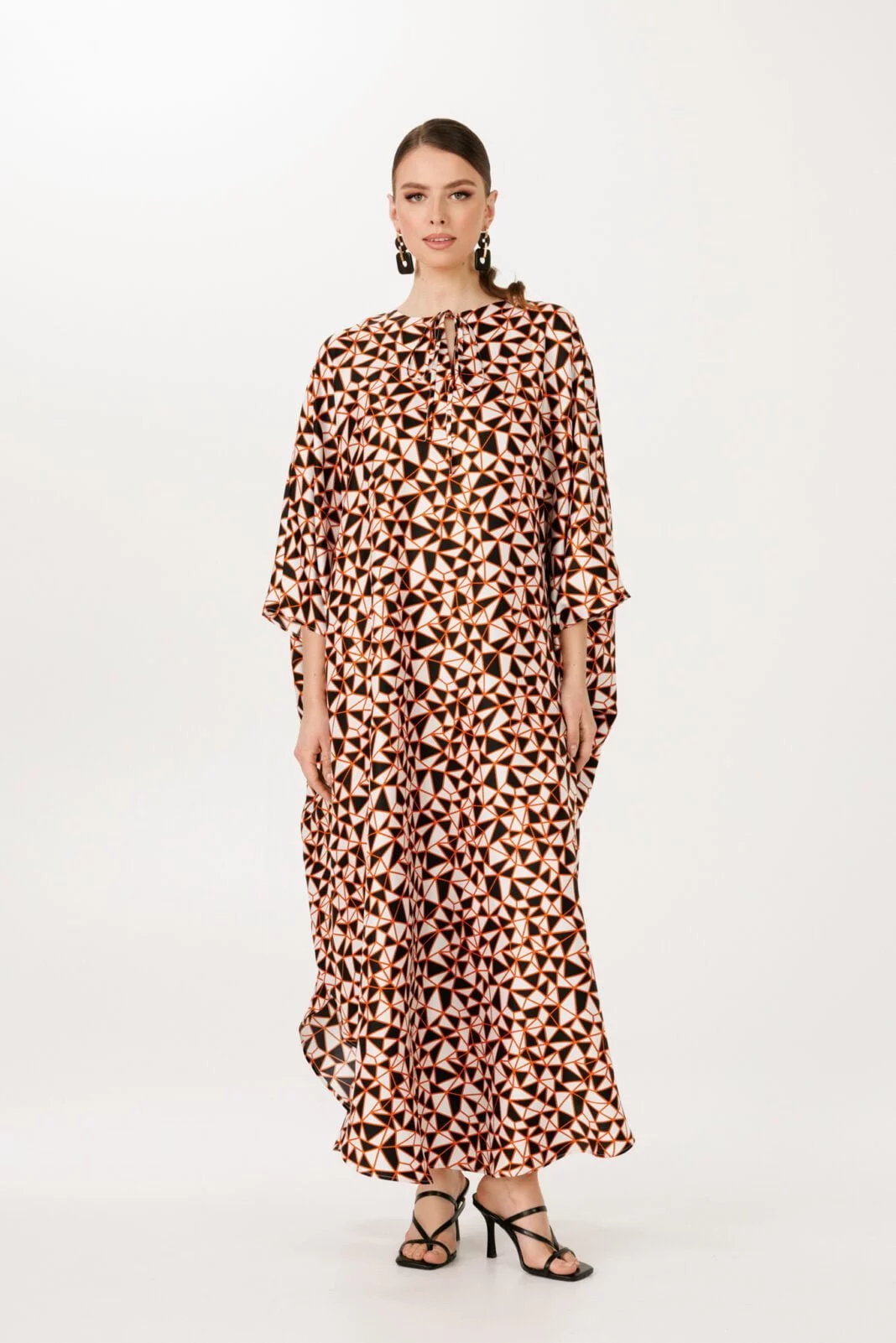 Geometric print in brown tones maxi kaftan dress loose fit by House of Azoiia