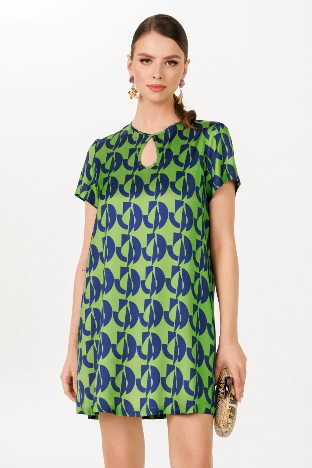 Luxurious Party Cocktail Summer Mini Dress - Green Navy Geometric Print, 70s Inspired Style