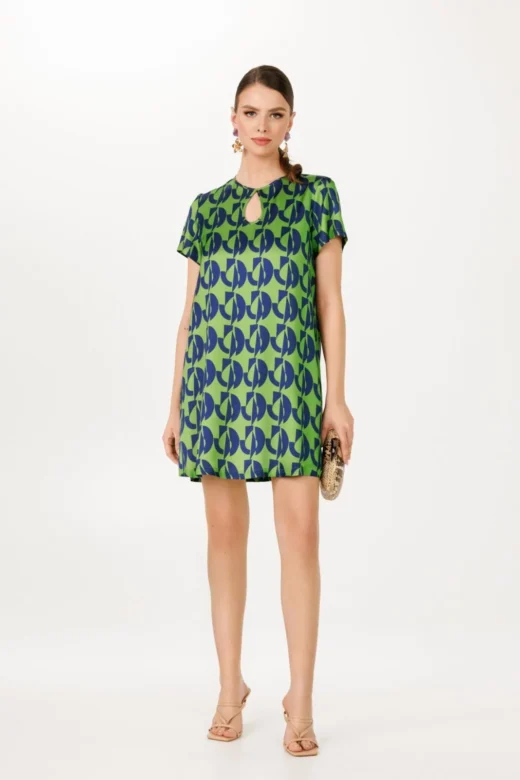 Green Navy Geometric Print Mini Dress - Luxurious Party Cocktail Summer Elegance, Keyhole Neckline