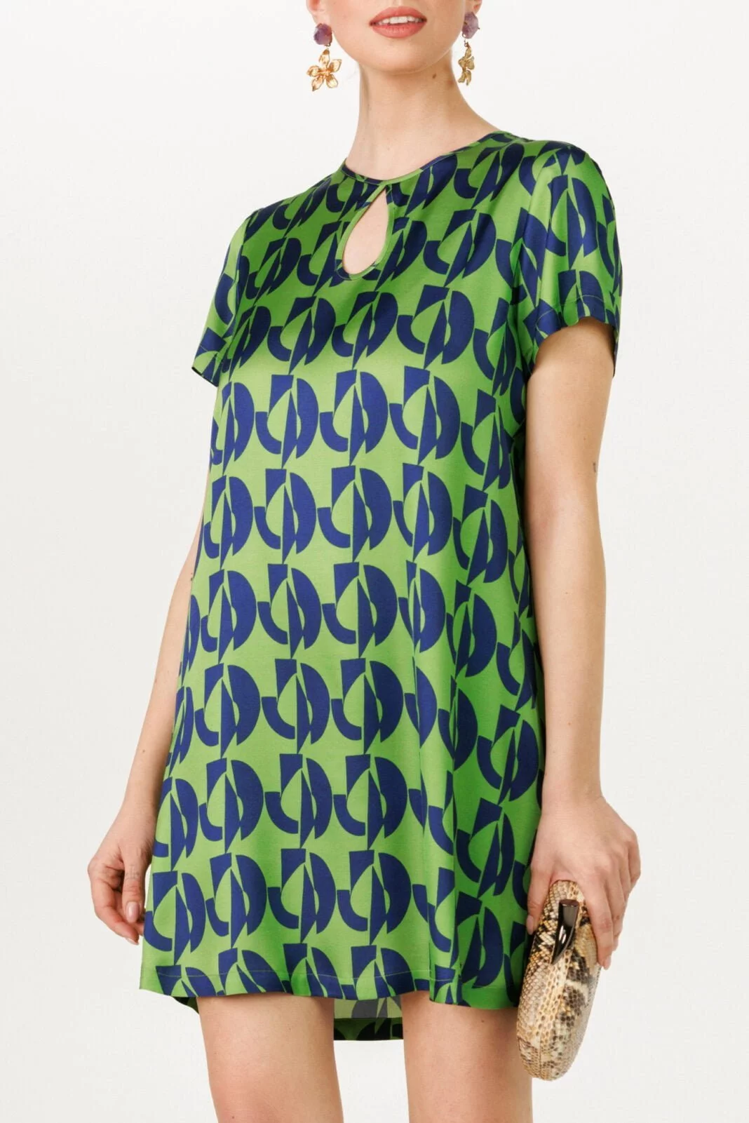 Chic Summer Mini Dress - Green Navy Geometric Print Luxurious Party Cocktail, Keyhole Neckline