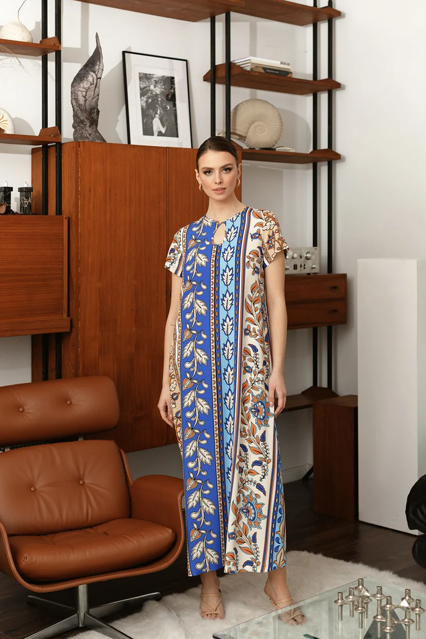 Beige and Blue Kaftan Dress - Mediterranean Maxi Length Glamour for Vacation and Evening Outings