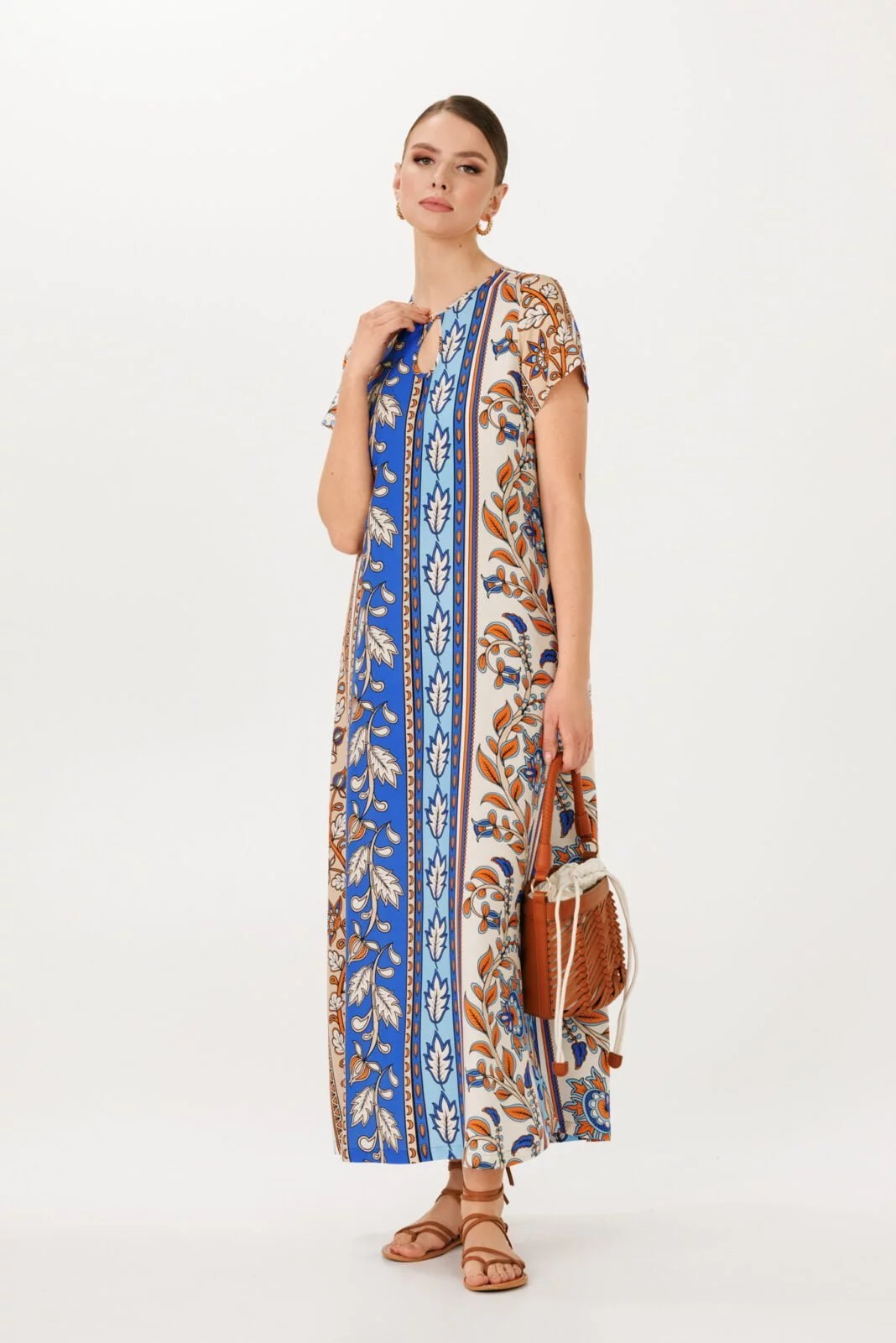 Summer Maxi Length Short Sleeve Kaftan Dress - Beige and Blue Mediterranean Beauty for Vacation and Evening