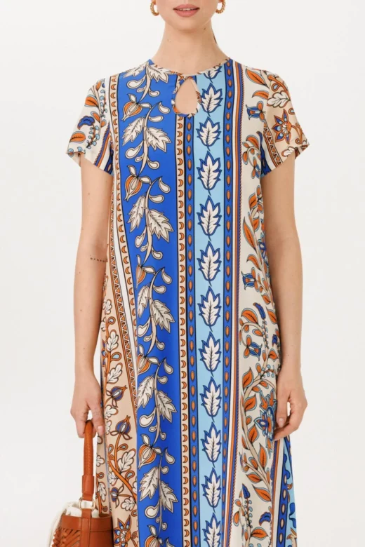 Beige and Blue Short Sleeve Kaftan Dress - Maxi Length Mediterranean Chic