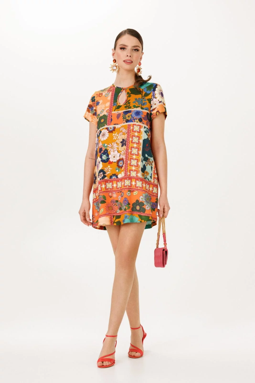 Orange Geometric Print Loose Fit Luxurious Mini Dress - Summer Parties, Wedding Guests