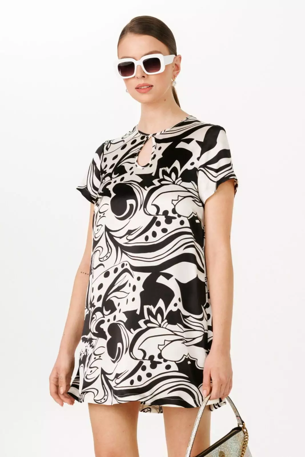 Black White Ornamental Print Satin Cocktail Dress - Short Stunning