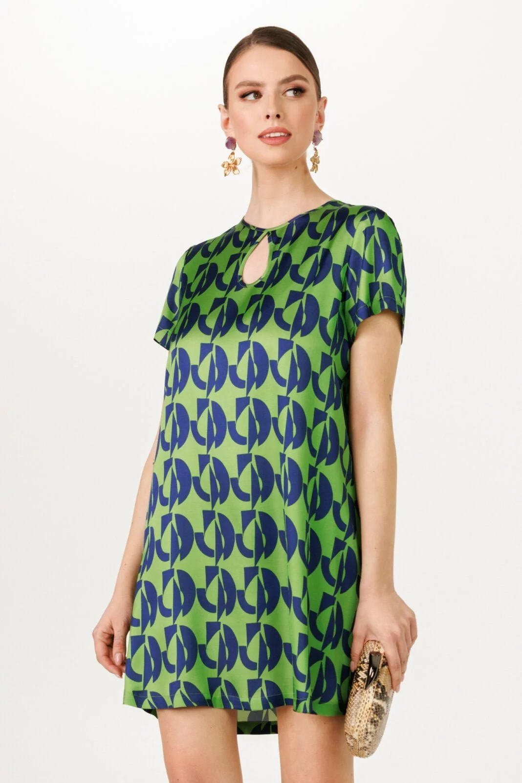 Green Navy Geometric Print Mini Dress - Luxurious Party Cocktail Summer Style, Keyhole Neckline"