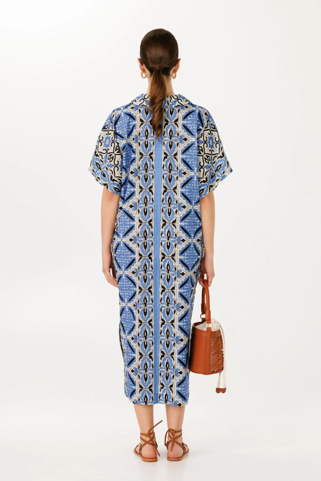 Mediterranean Cotton Kaftan Dress - Blue Long Shirt Collar Style