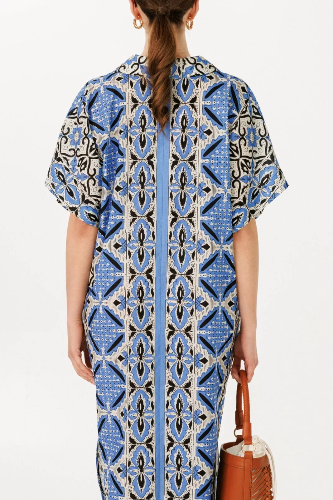 Blue Long Shirt Collar Kaftan Dress - Mediterranean-Inspired Cotton Attire