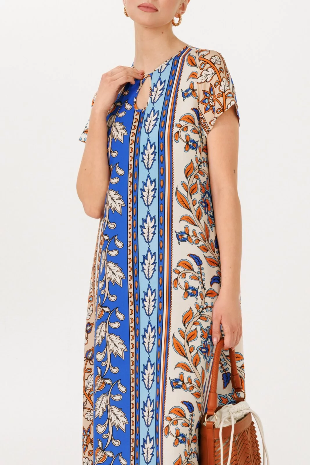 Mediterranean-Inspired Maxi Length Kaftan Dress - Beige and Blue Short Sleeve Elegance