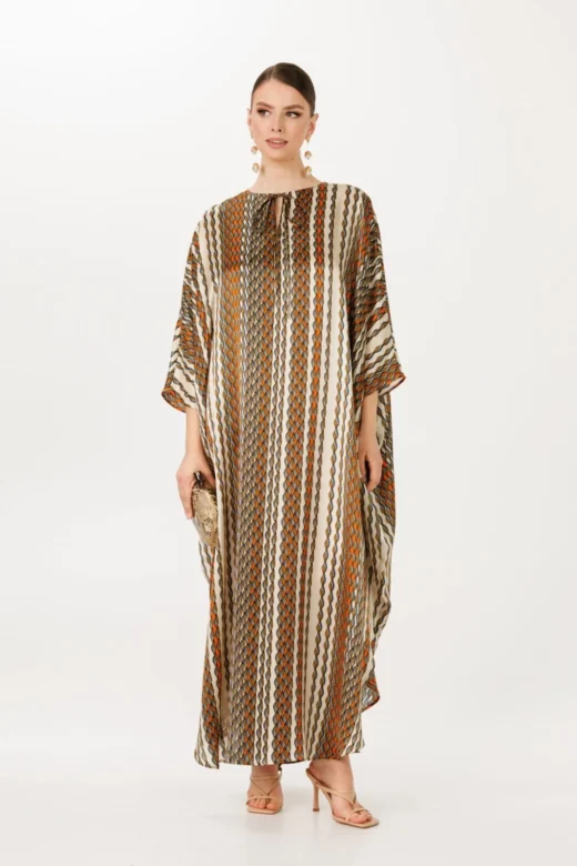 Multicolor striped rope motive pure silk Moroccan fashion inspired maxi Kaftan dress by House of Azoiia