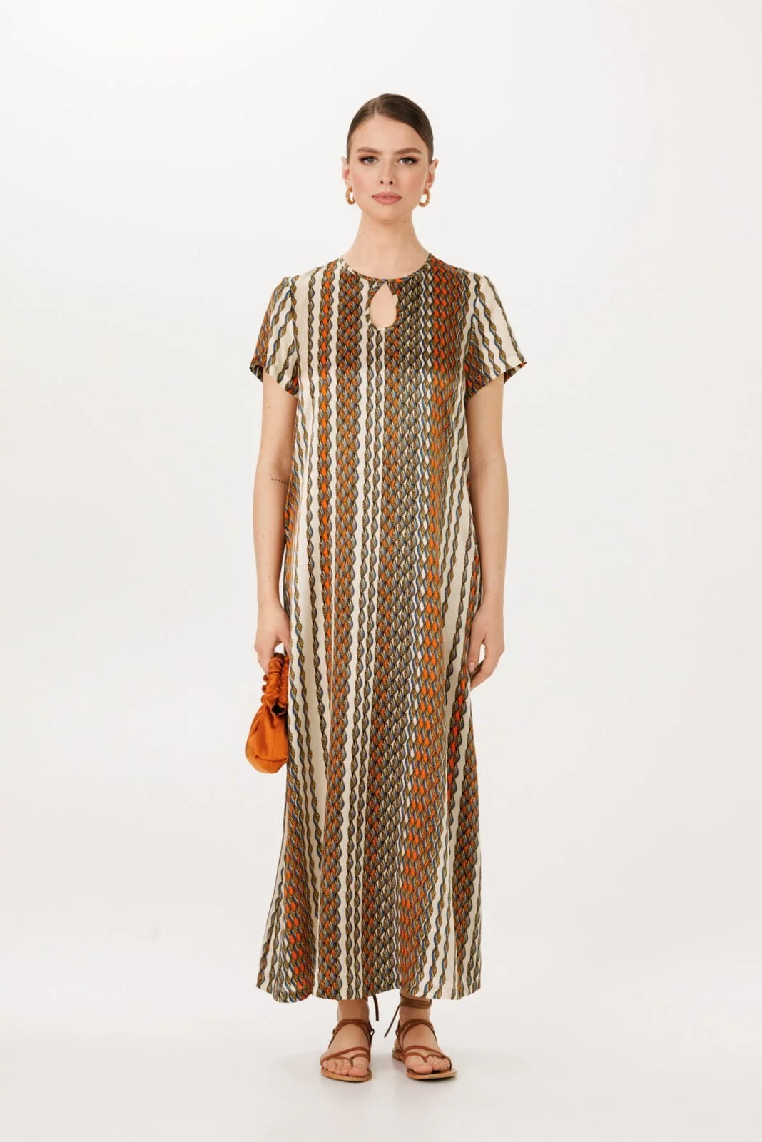 Maxi Length Luxurious Silk Dress - Striped Multicolor Print for Evening Wear and Wedding Guest Elegance