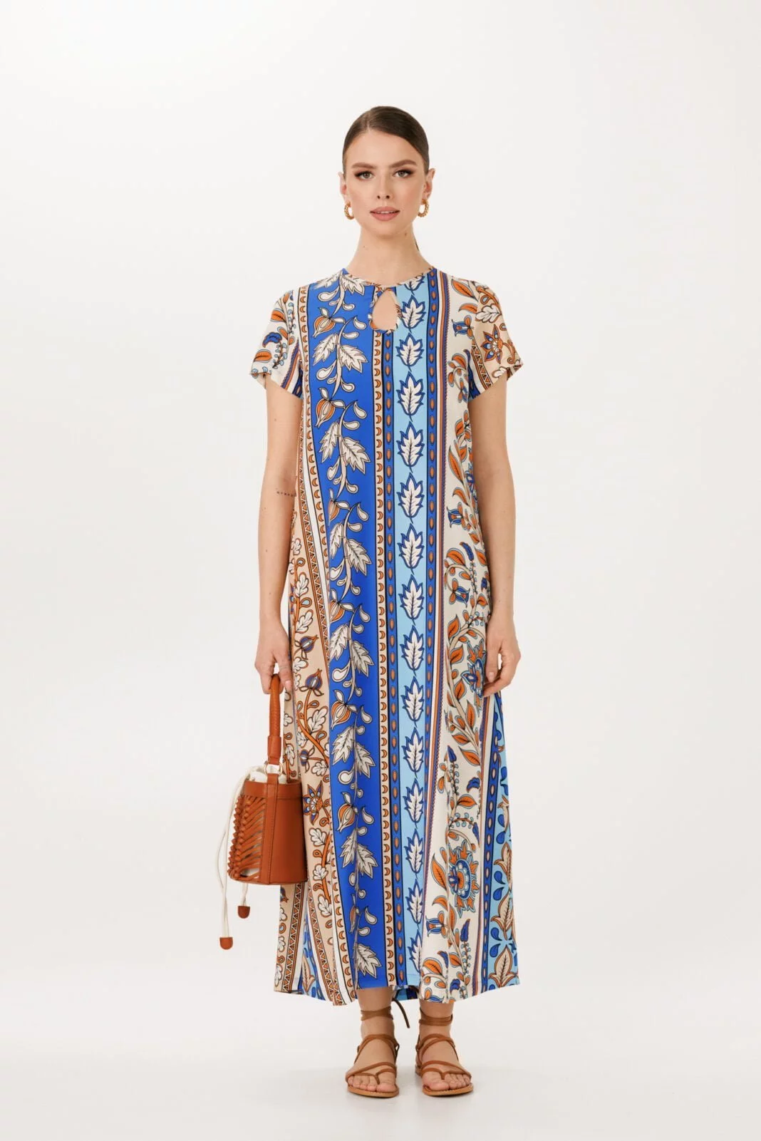 Beige and Blue Mediterranean-Inspired Maxi Length Short Sleeve Kaftan Dress - Elegant Summer Fashion