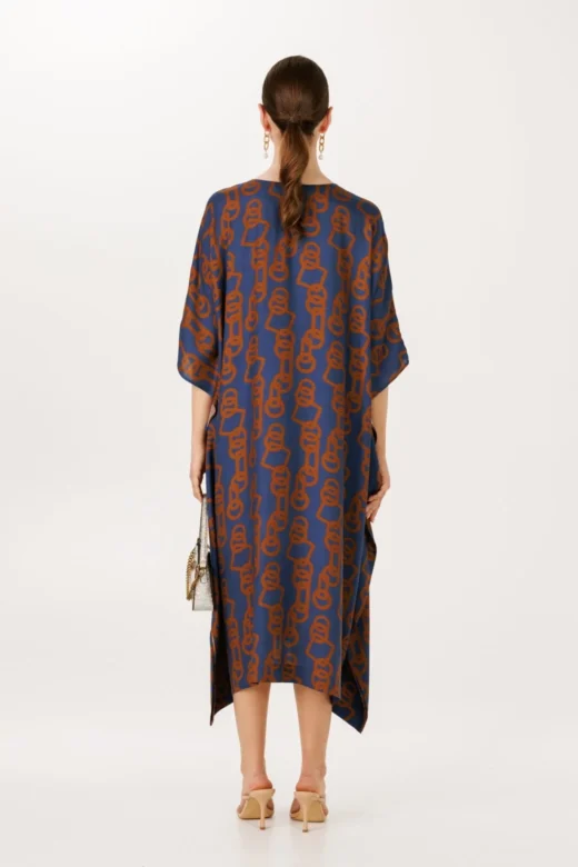 Long navy and brown ring print caftan dress with bow for evening wear, parties, beach cover up by house of azoiia