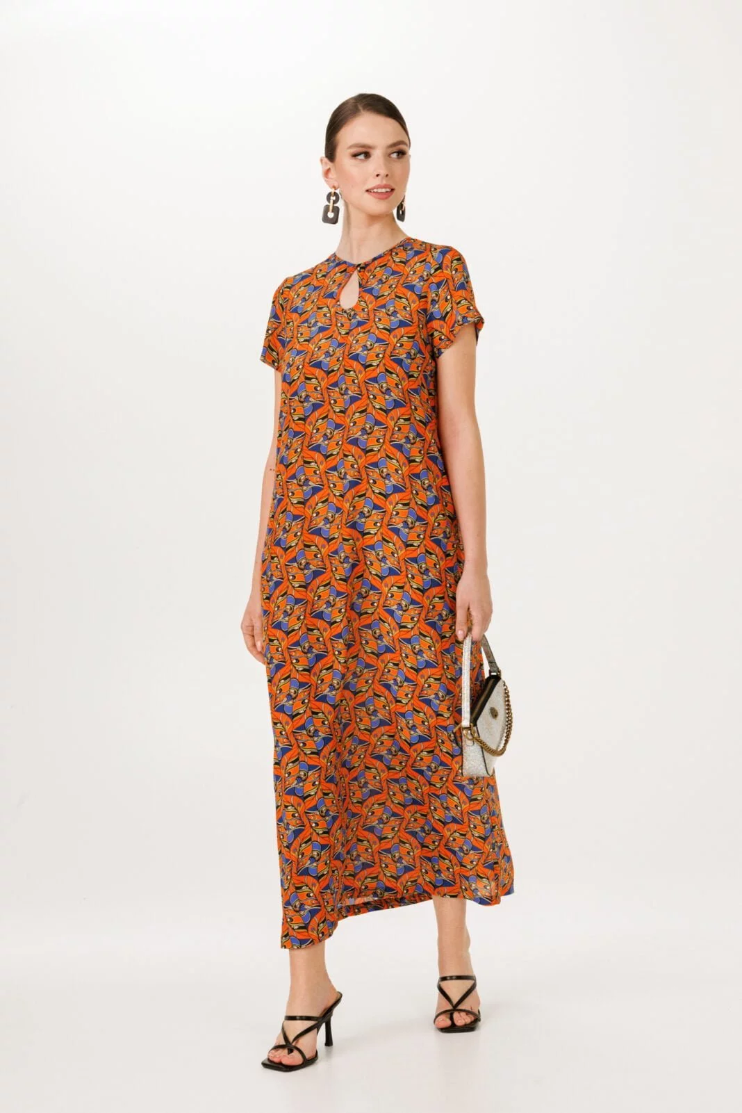 Orange Pure Silk Maxi Dress - Short Sleeve Loose Fit for Wedding Guest Elegance