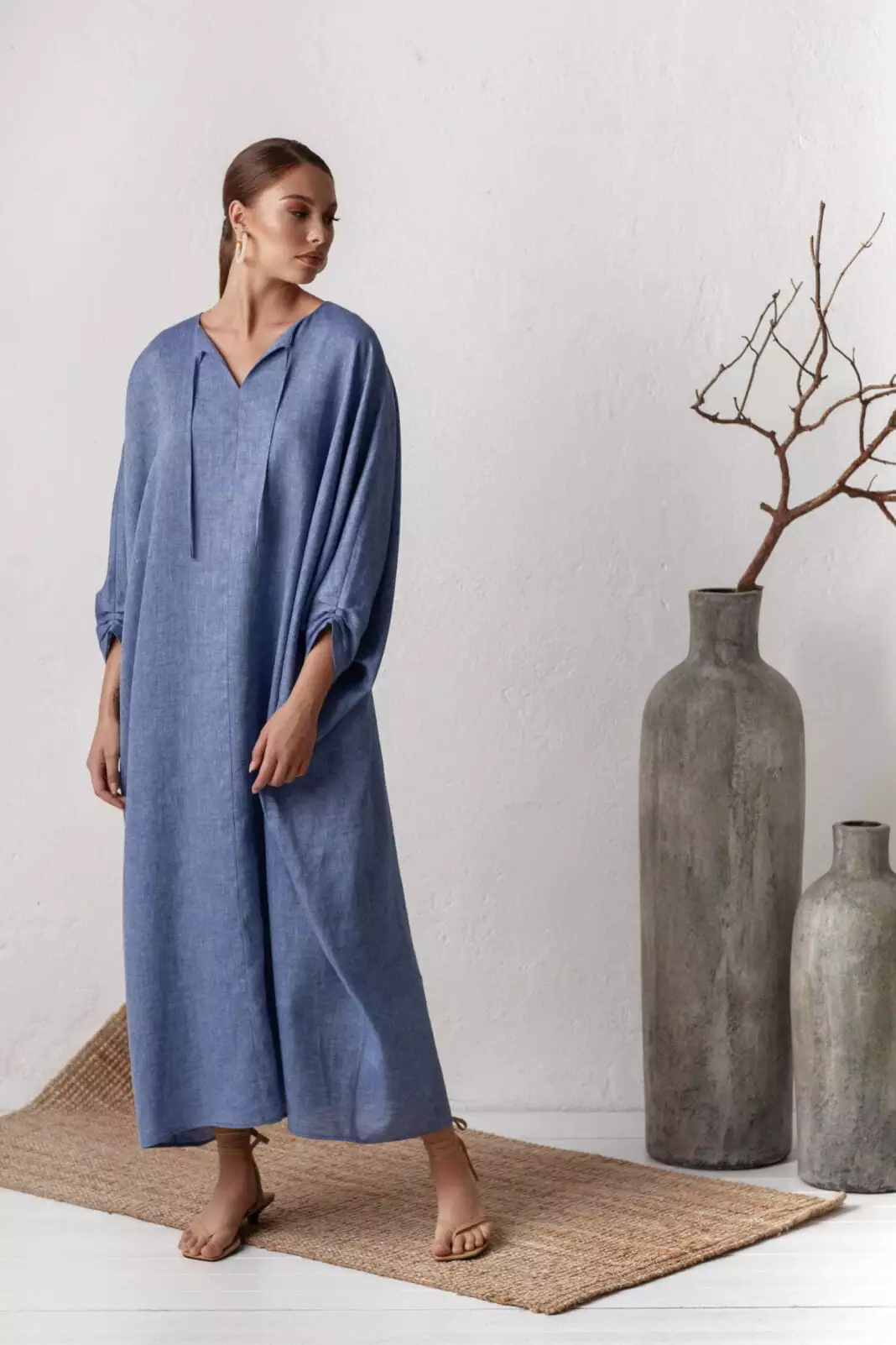 Breezy Linen Maxi Kaftan Dress in Blue - Comfortable Summer Fashion