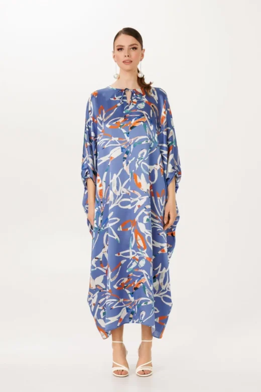 Pure silk kaftan dress Alya in sky blue color with floral pattern.