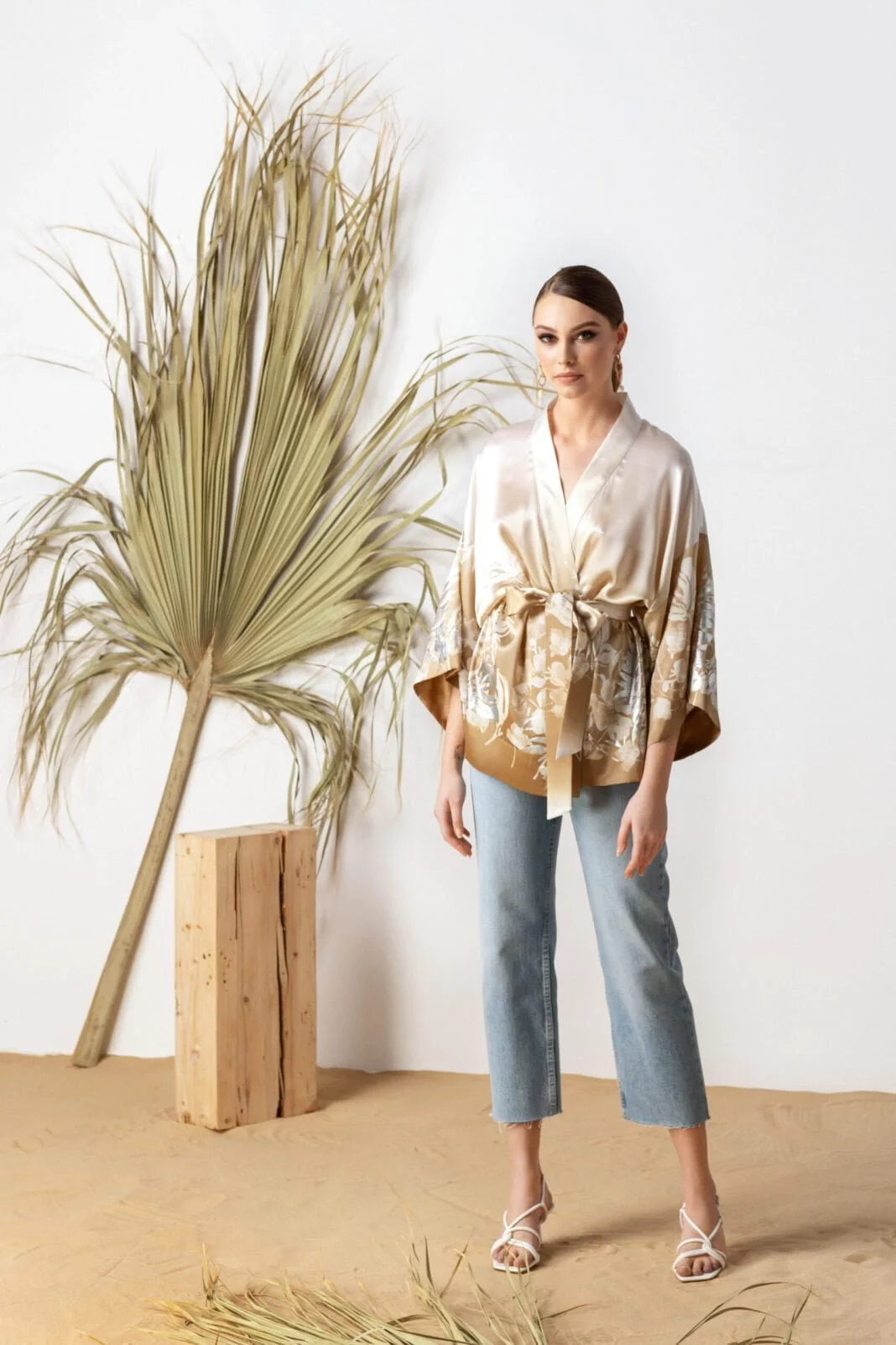 Floral pure silk kimono top with wide sleeves by House of Azoiia