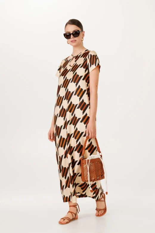 Elegant Kaftan Dress - Beige and Brown Geometric Print in Summery Silk Twill for Vacation and Summer