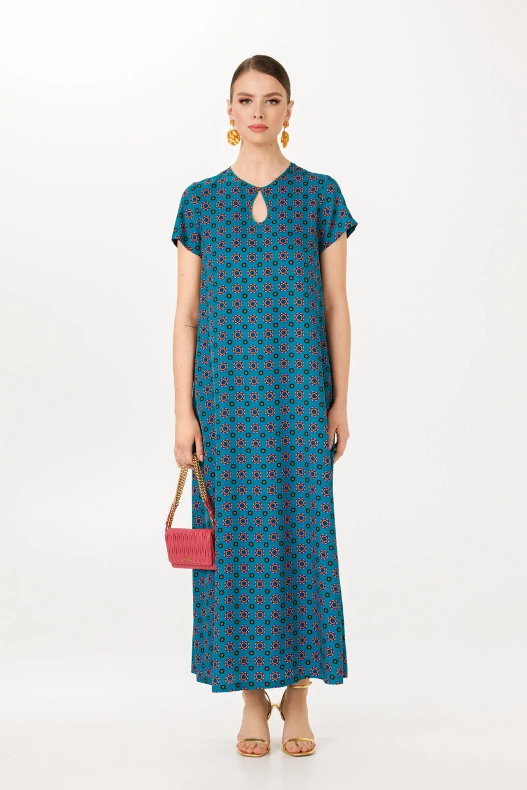 Turquoise Maxi Length Loose Fit Kaftan Dress - Ideal for Beach Vacation and Summer Evenings