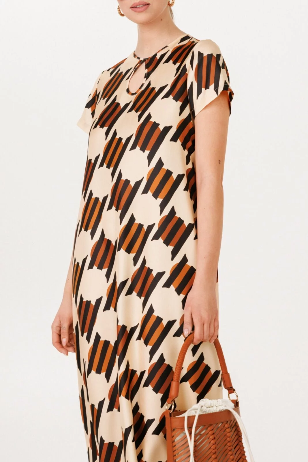 Geometric Print Kaftan Dress - Beige and Brown Summery Silk Twill for Vacation and Summer