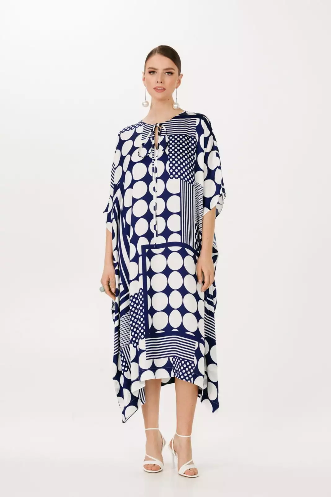 Blue and white geometric pattern maxi caftan dress by House of Azoiia