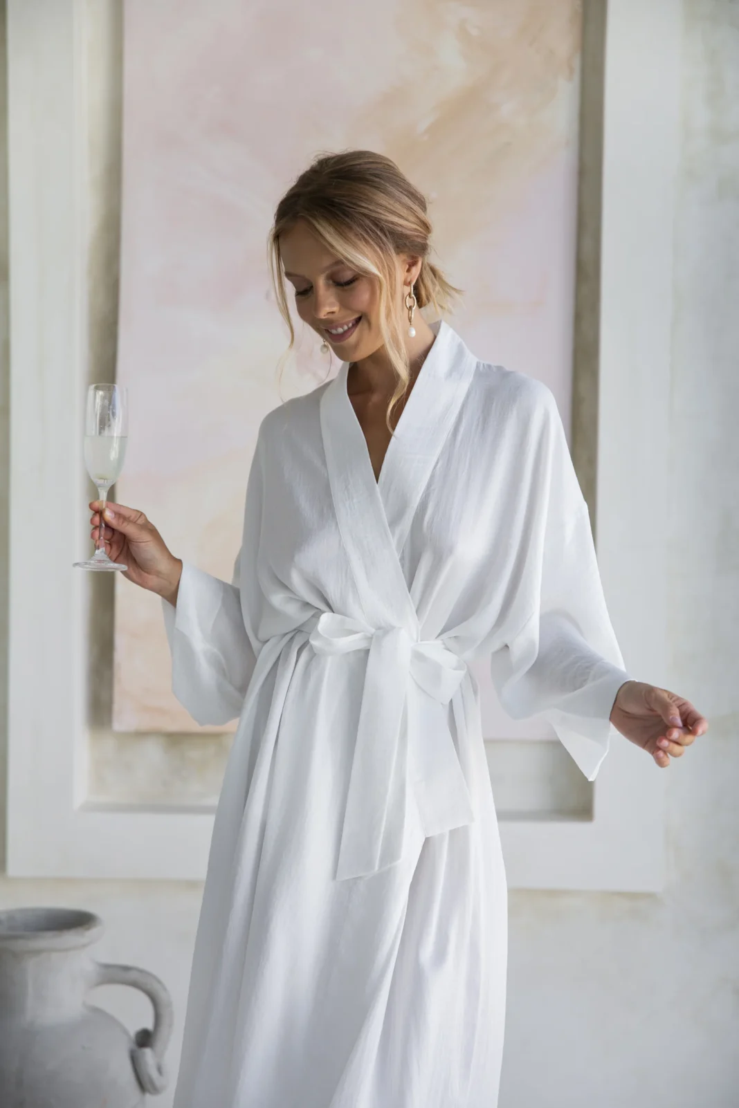 Long White Bridesmaid Robe in Velvet Effect Satin - Plus Size