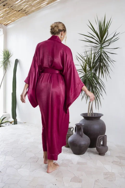 Floor Length Burgundy Silky Satin Japanese Kimono Robe AYA - Embrace Timeless Luxury