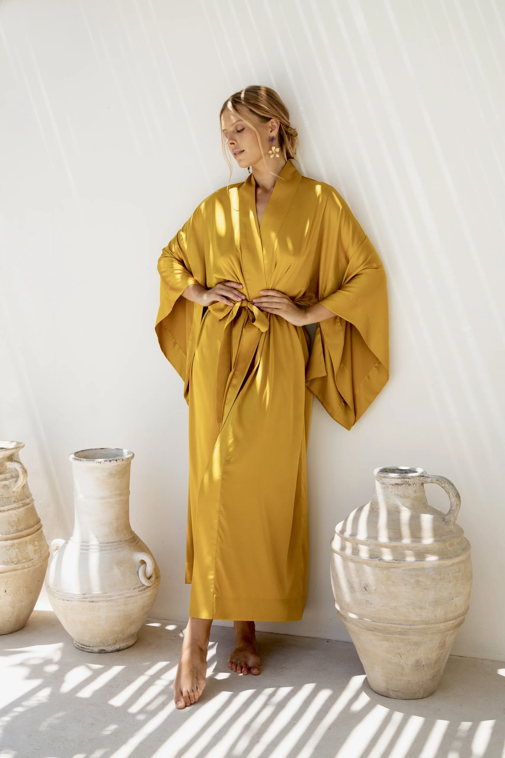 Gold Long Satin Kimono Robe