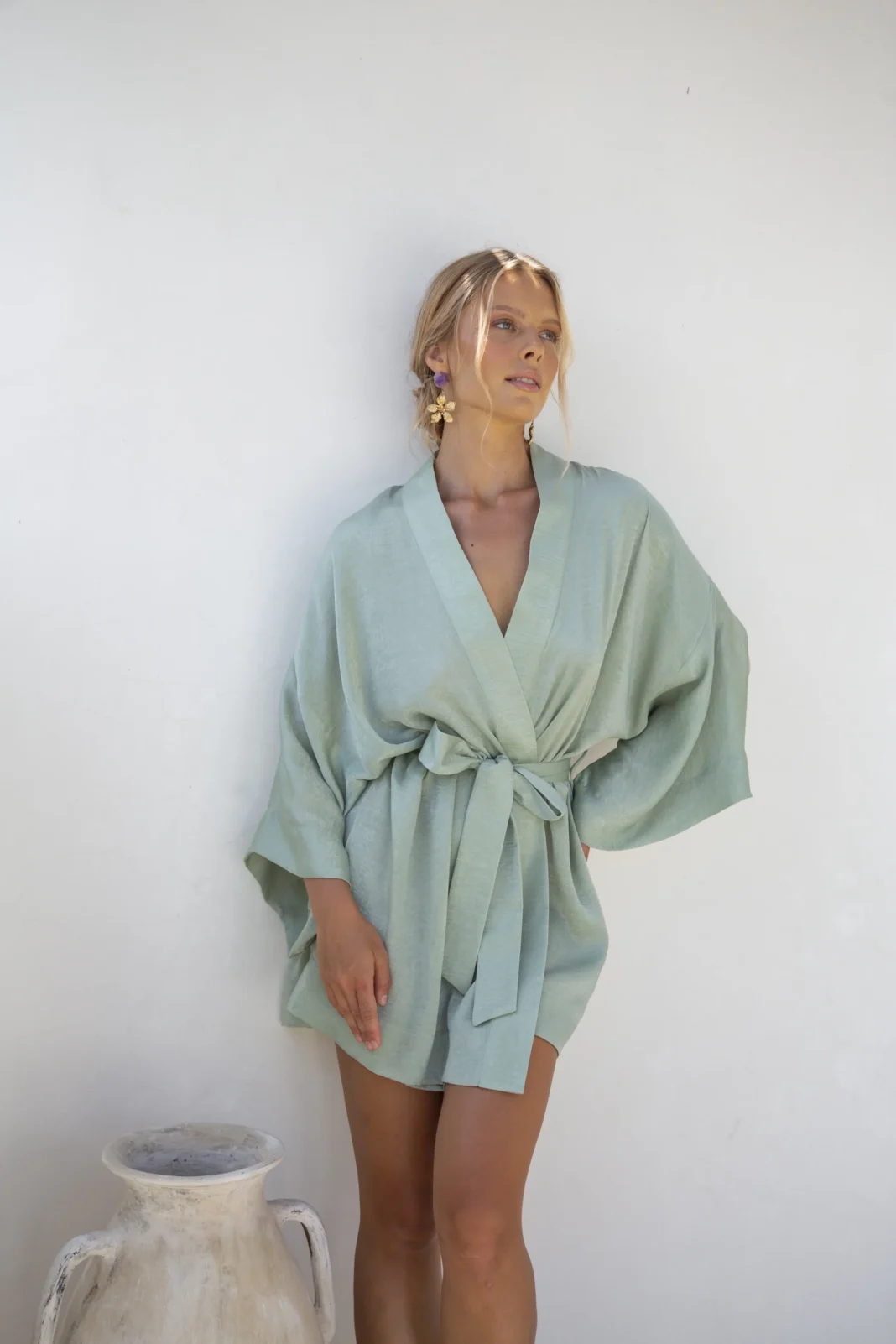 Luxurious Satin Sage Green Bridal Kimono Dressing Gown - Elegance and Comfort Combined
