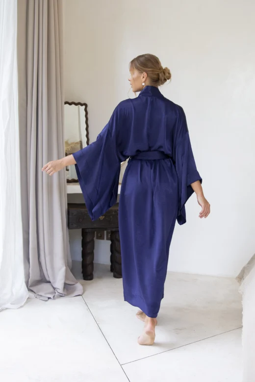 Navy Silky Satin Floor Length Kimono Robe - Elegance Redefined.
