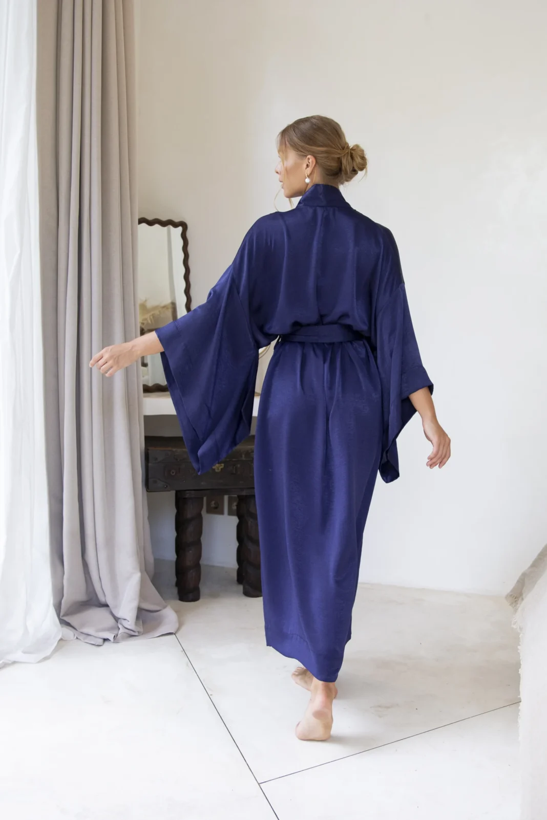 Navy Silky Satin Floor Length Kimono Robe - Elegance Redefined.