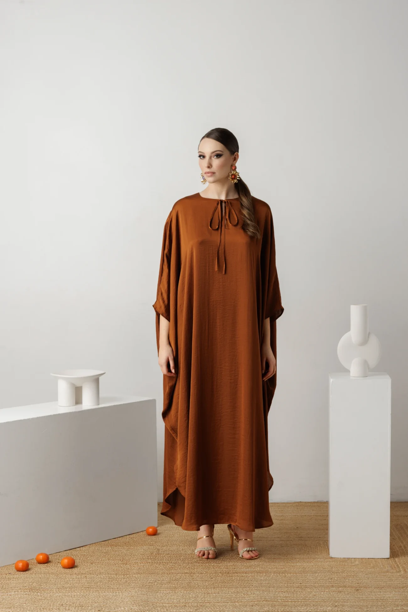 Ankle Length Italian Silky Satin Rust Kaftan Luxury For Women Plus Size - Elizabeth by House Of Azoiia