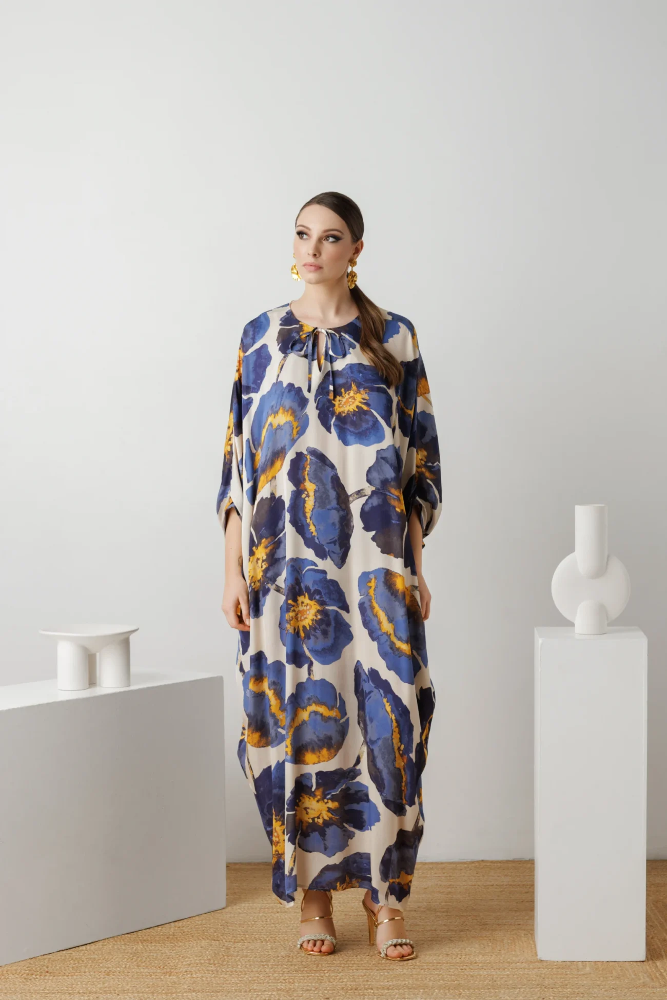 Silk Blend Blue Flowers Kaftan Dress Luxury - Alya by House of Azoiia