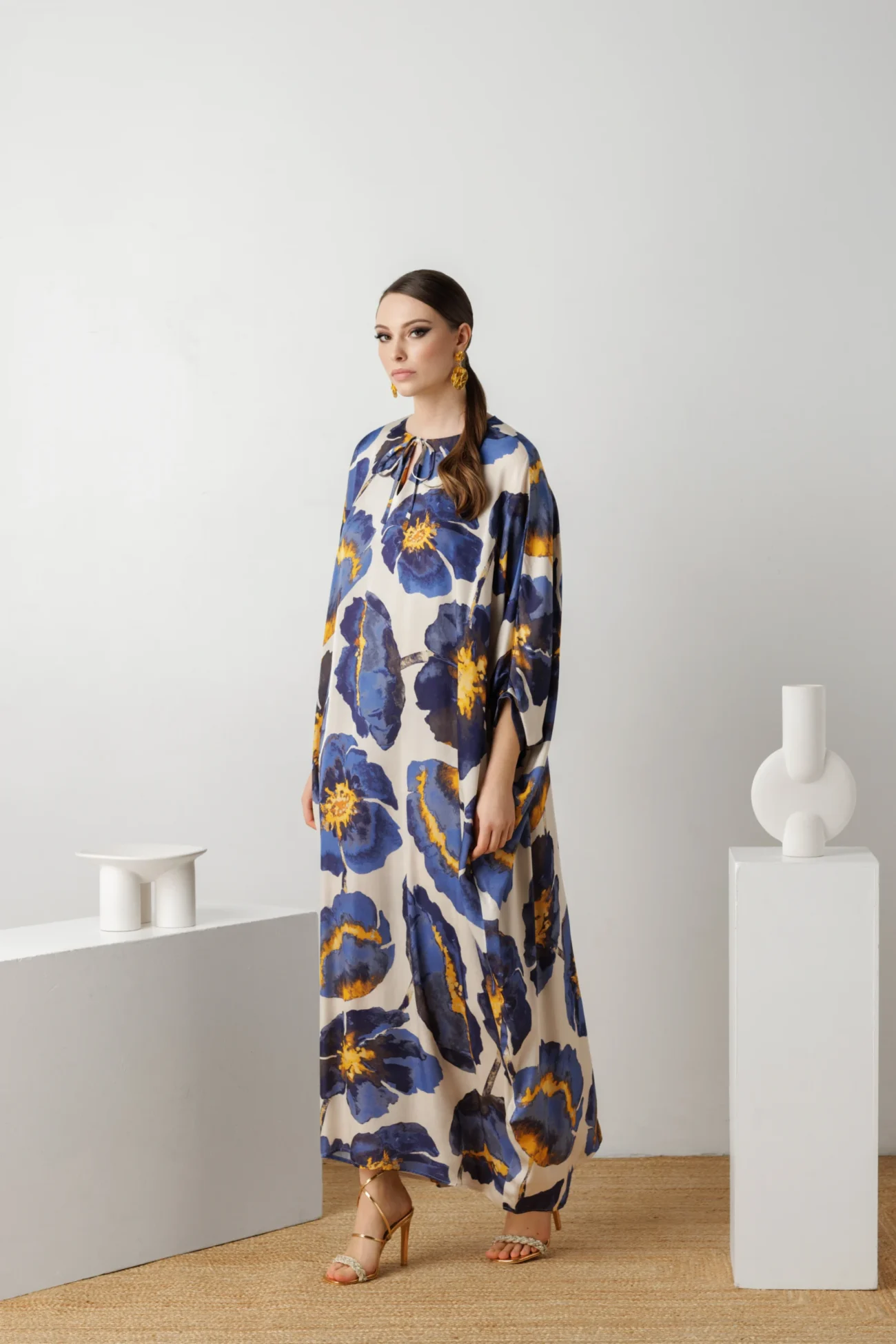 Viscose & Silk Blue Flowers Plus Size Kaftan Dress Long For Women by House of Azoiia