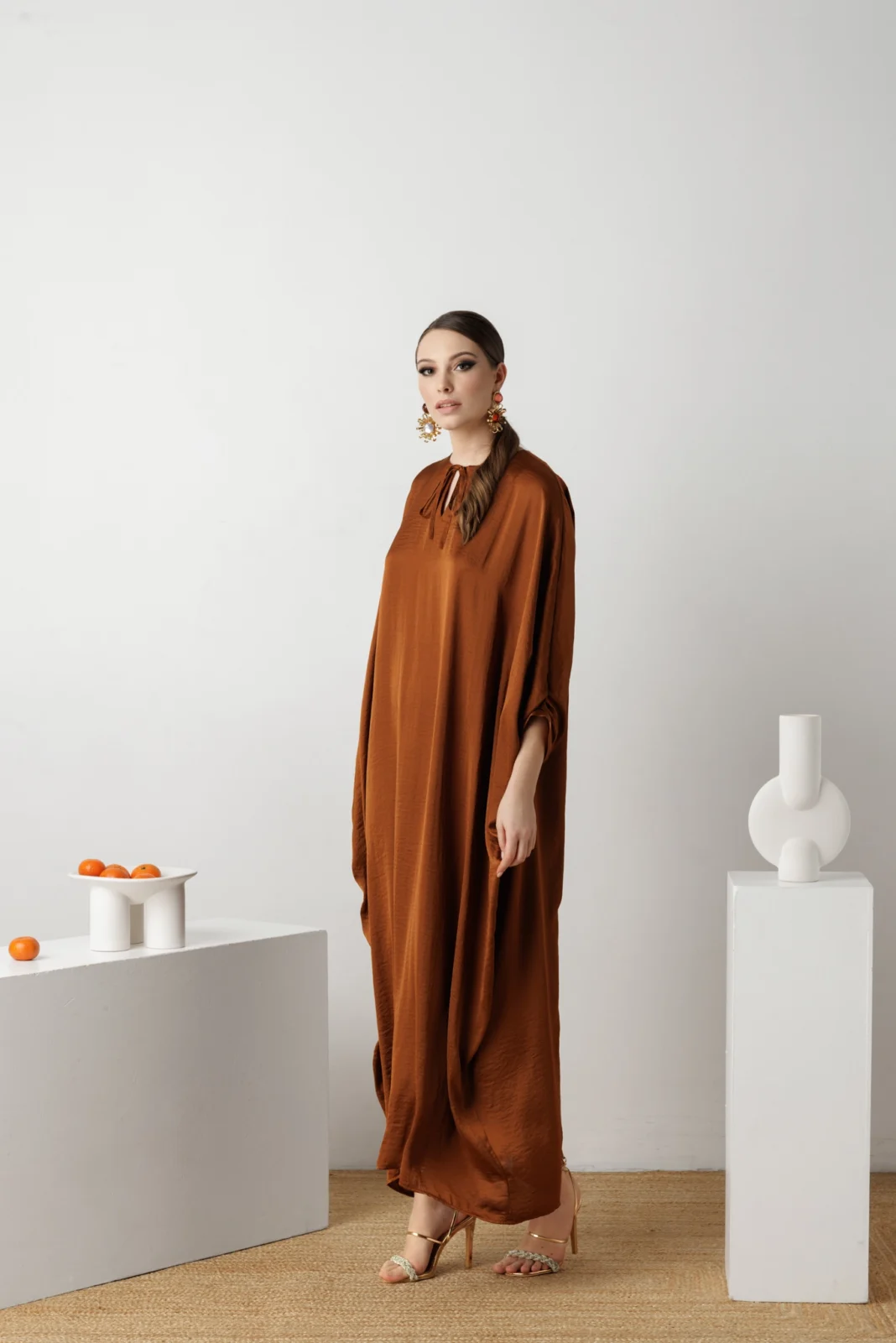 Luxury & Elegant Kaftan Dress Dubai in Full Length Crafted From Rust Silky Touch Italian Satin by House Of Azoiia